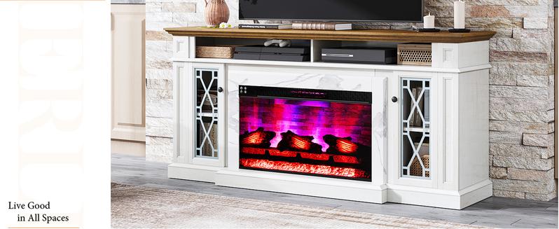 【Ships in 2 Boxes】AMERLIFE 70" Farmhouse Heavy Fireplace TV Stand with 33" Electric Fireplace, for 80" TVs up, Media Entertainment Center with Diamond Door, TV Console Storage Cabinet for Living Room