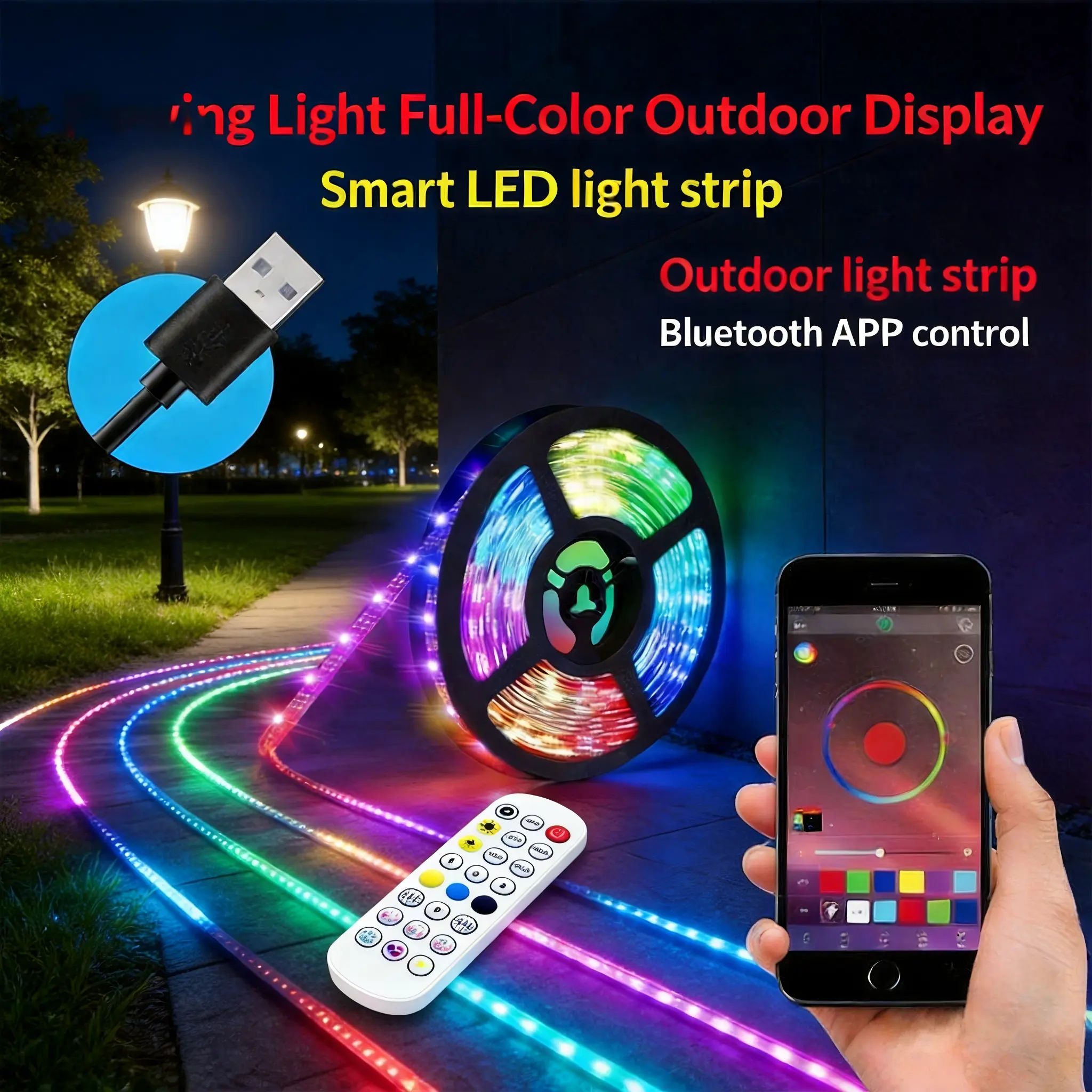 16.4FT 300-LED RGB Iridescent Color-Changing USB LED Strip Lights, Mobile APP Bluetooth Voice Control, Remote Control, Rhythm Pickup, Galloping Water Chasing Lines, for Stairs, Indoor Lighting, Parks Decoration