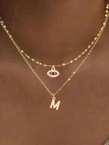 Women's Classic Stainless Steel Necklace Set,Zirconia Eye Initial Pendant Multi-Layer Stackable Clavicle Chain Design, Elegant Jewelry Gift for Women & Girls