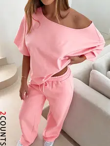 Women's 2-Piece Set, Casual Loose-Fit Asymmetrical Top & Wide-Leg Pants, All-Season for Daily Wear, Outdoor Activities