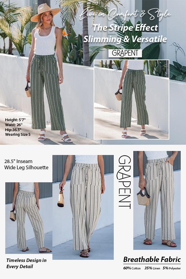 GRAPENT Women's Linen-Cotton Blend Wide Leg Striped High-Waisted Pull-On Elastic Drawcord Pants, Casual Wear for Summer Beach Vacation