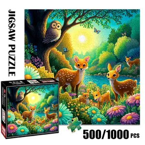 1pc 1000 piece adult puzzle 58x58cm Forest Scene with Owl, Deer and Butterflies 500 pieces paper jigsaw puzzle suitable for DIY creative games for adults and families, birthday and holiday stress r