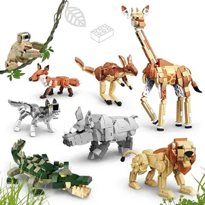Forest Animal Building Blocks Set 8 Pack, Safari Animal Brick Toys Fox Lion Giraffe Kangaroo Sloth Rhino Crocodile Wolf, DIY STEM Building Kit for Kids Boys Girls, Creative Play Gift Ages 6+