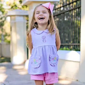 Flower Applique Purple Stripe Caroline Short Set - Soft Knit Spring Outfit for Baby & Toddler Girl