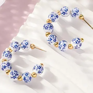 Women Blue White Porcelain C Shape Earrings Vintage Daily Wear Alloy Hoop Earrings with Stainless Steel Posts for All Season Everyday Styling Minimalist Fashion Jewelry