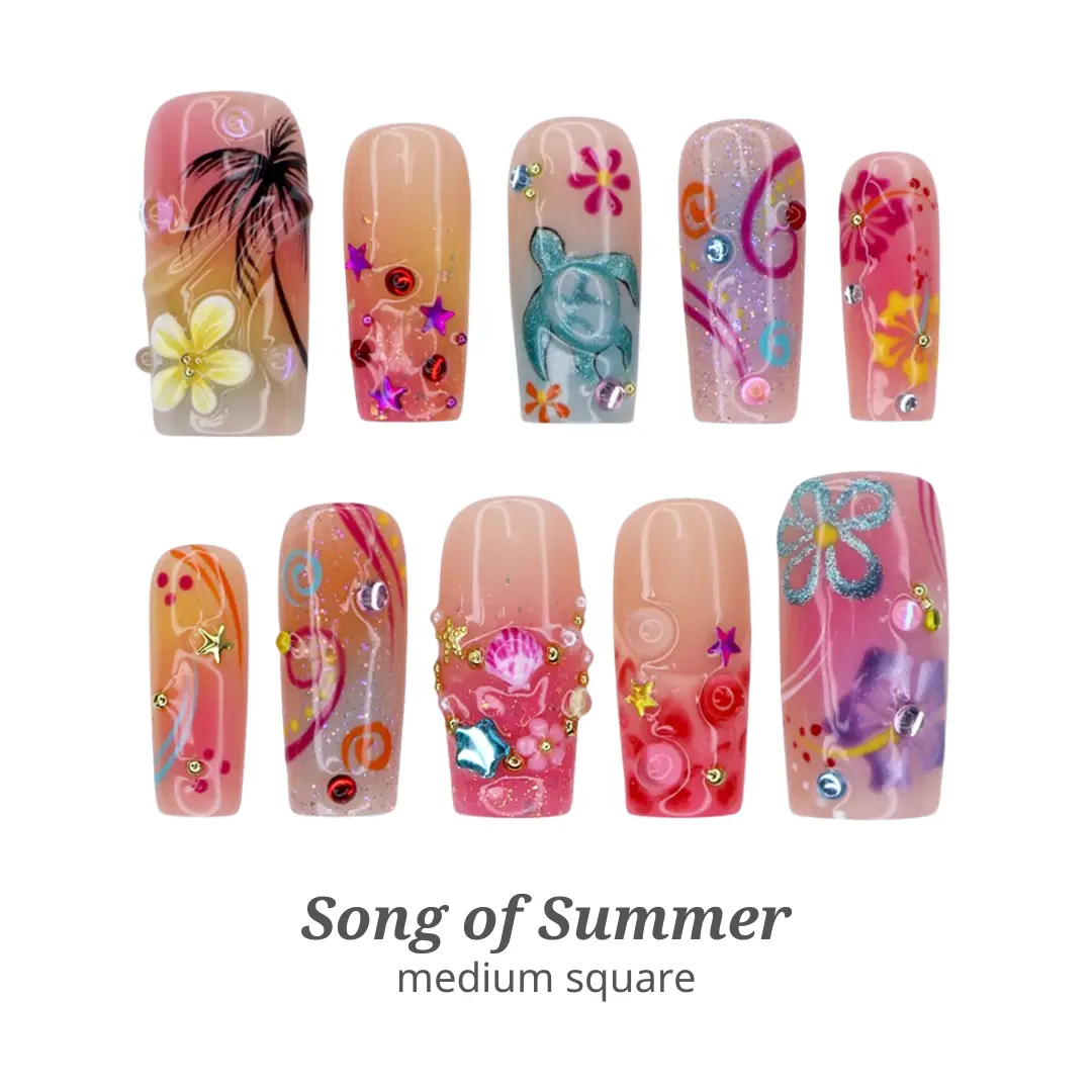 Lilynailsart | Song of Summer Press On Nails - Tropical Beach, Palm Tree & Sea Turtle Nails - Medium Square