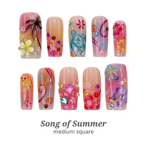 Lilynailsart | Song of Summer Press On Nails - Tropical Beach, Palm Tree & Sea Turtle Nails - Medium Square