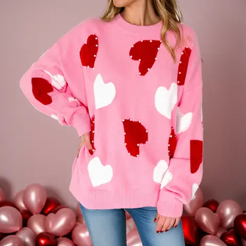 Asvivid Women's Faux Pearl Embellished Heart Pattern Valentines Day Sweater Tops Long Sleeve Pink Knitwear for Casual Wear Womenswear