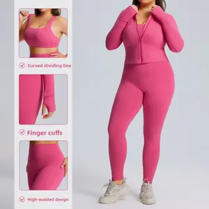 Women's High-Elasticity Plus-Size Fitness Outfit Three-Piece Long-Sleeve Yoga  tracksuit lady sweatsuit sporty workout affordable suit skin-friendly soft tight-fit set sportswear activewear breathable pant tight-fitting high-waisted