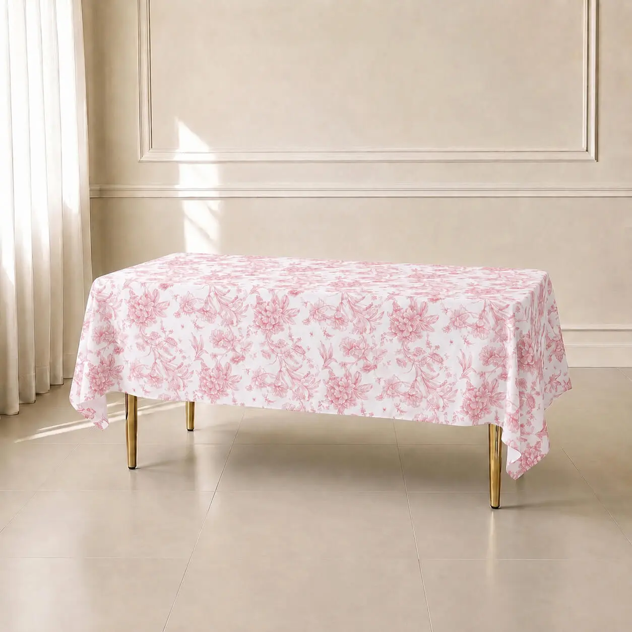 Polyester Rectangular Tablecloth 60"x102" White with Pink French Toile Pattern - Sophisticated Table Cover for Chic Weddings & Events