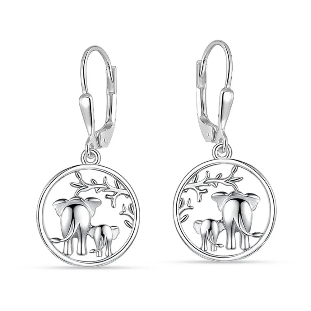 LeCalla 925 Sterling Silver Elephant Family Circle Drop Earrings for Women | Nature-Inspired Elephant Family Earring | Tree of Life Animal Charm Leverback Dangle Earrings 30MM