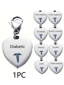 Unique Heart-Shaped Stainless Steel Medical ID Pendant Keyring - Engraved with Diabetes Type 1 & 2 Symbol, Ideal Gift for Men with Diabetes, Hypoallergenic, Durable, and Easy to Clean
