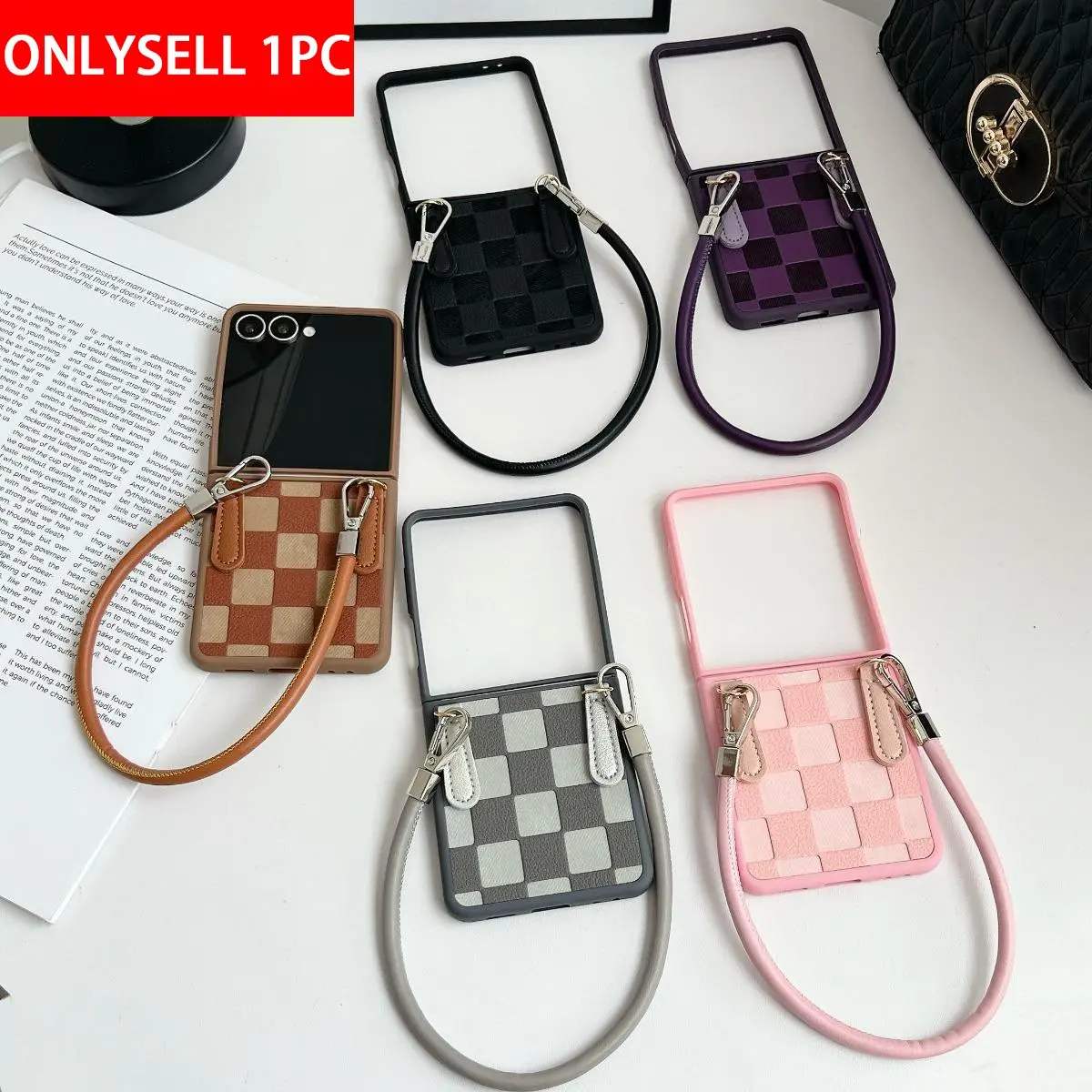 PU Leather Checkered Phone Case with Strap, Hard PC Back Cover, Compatible with Samsung Galaxy Z Flip8, Z Flip7, Z Flip6, Z Flip5