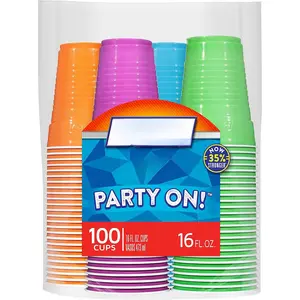 Disposable Plastic Cups, Assorted, 16 Ounce, 100 Count