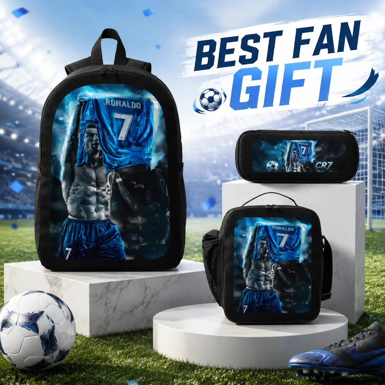 CR7 Soccer Backpack Set 3PCS 17 Inch Backpack Lunch Bag Pencil Case Sports Bookbag for Students Backpacks for School Backpacks for Women Men Travel Casual Backpack Set Football Gift Idea Trendy Student Backpack Set