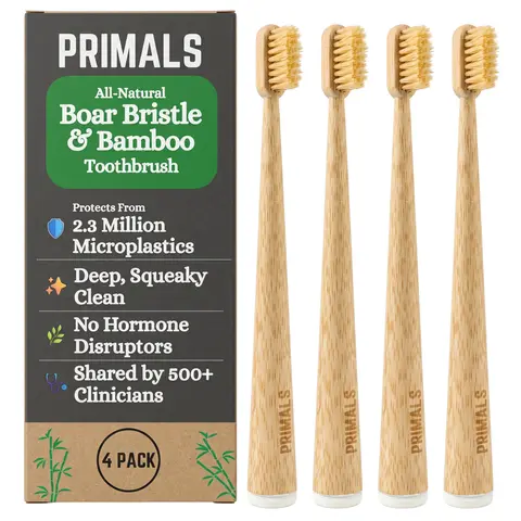 PRIMALS Boar Bristle & Bamboo Toothbrush (4-Pack) - Premium Boar Bristles - Approved by 500+ Clinicians - Fully Biodegradable - Plastic & Nylon Free - Quick Dry Design - Plastic-Free Oral Care