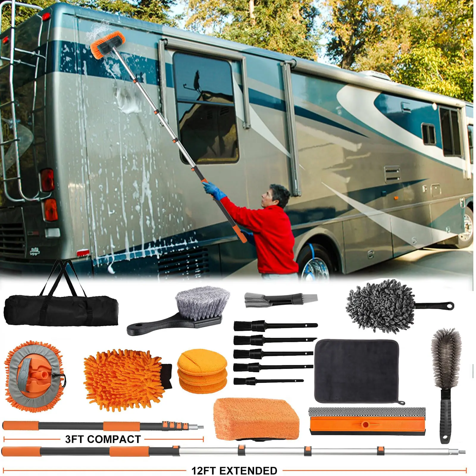 18FT Reach Car Wash Brush with Long Handle - Car Cleaning Kit with 3-12FT Extension Pole, Wheel Brush, Microfiber Cleaning Mop, Mitt, Window Squeegee for RV Truck SUV Boat Solar Pane Washing