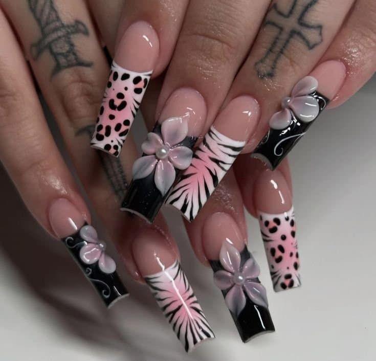 Pink Leopard Press On Nails | Long Coffin Black French Tip Pink Flower 3D Nails | Custom Animal Print Glam