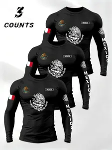 Men's Comfortable Knit Long Sleeve T-Shirt Set, Warm Soft Fabric, Mexican Theme Letter Flag Print, Casual Fashion Spring Autumn Wear