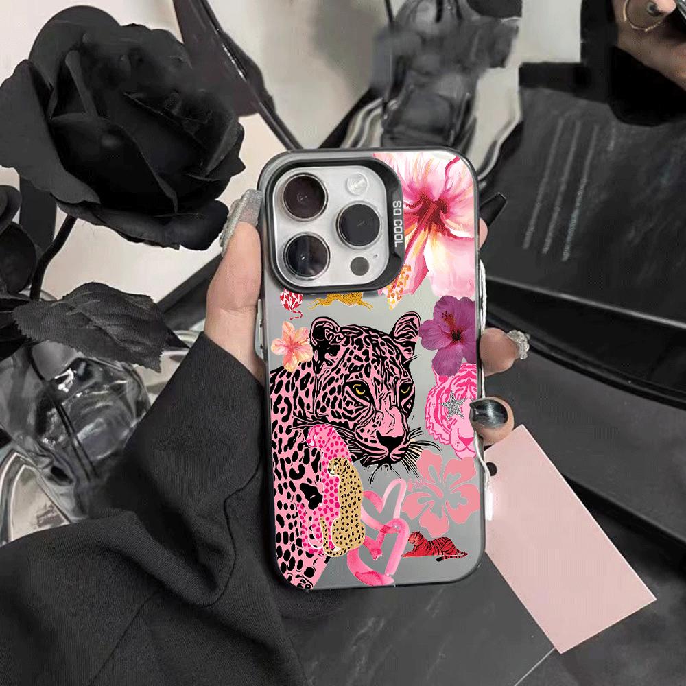 Leopard-print tiger and floral pattern design, full-coverage fashion phone case in colored silver. Compatible with Apple iPhone 17/16/15/14/13 Pro Max and Samsung Galaxy S25/24/23 Ultra series models.