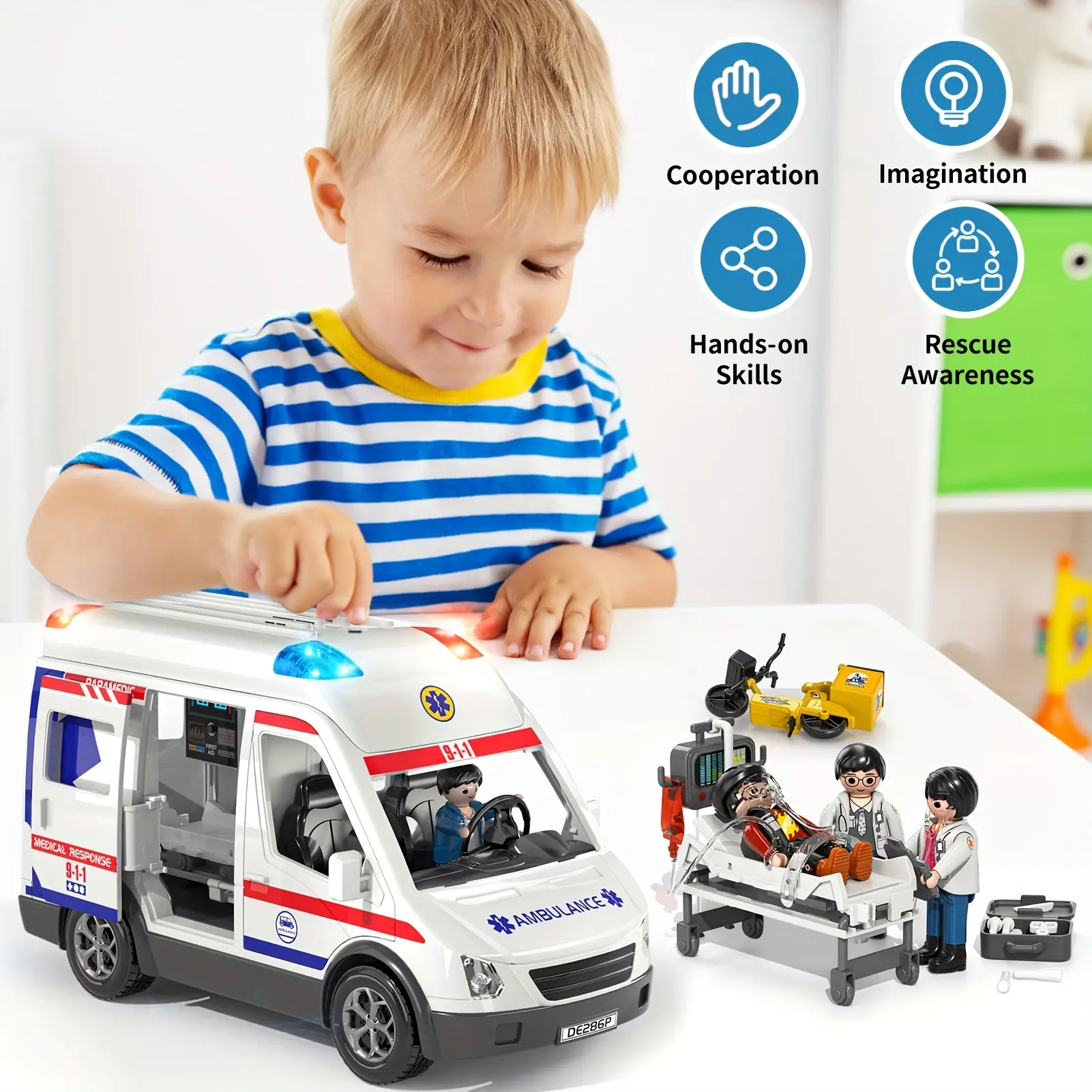 Classic BPA-Free Unisex Car Theme Emergency Ambulance Toy Car - STEM Science Toy, Realistic Cool Lights & Siren Sounds, Sturdy Lightweight Portable, Ideal for 3-4 Years, All Seasons Birthday Gifts Party Prizes