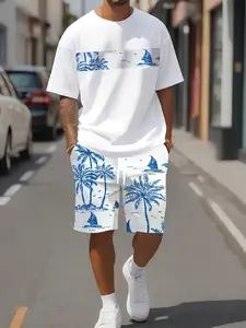 Men's Casual Summer Vacation Outdoor Fitness T-Shirt Set, Breathable Comfortable Floral Print Sportswear, Athletic Sports Clothing, Trendy Fashion Gift