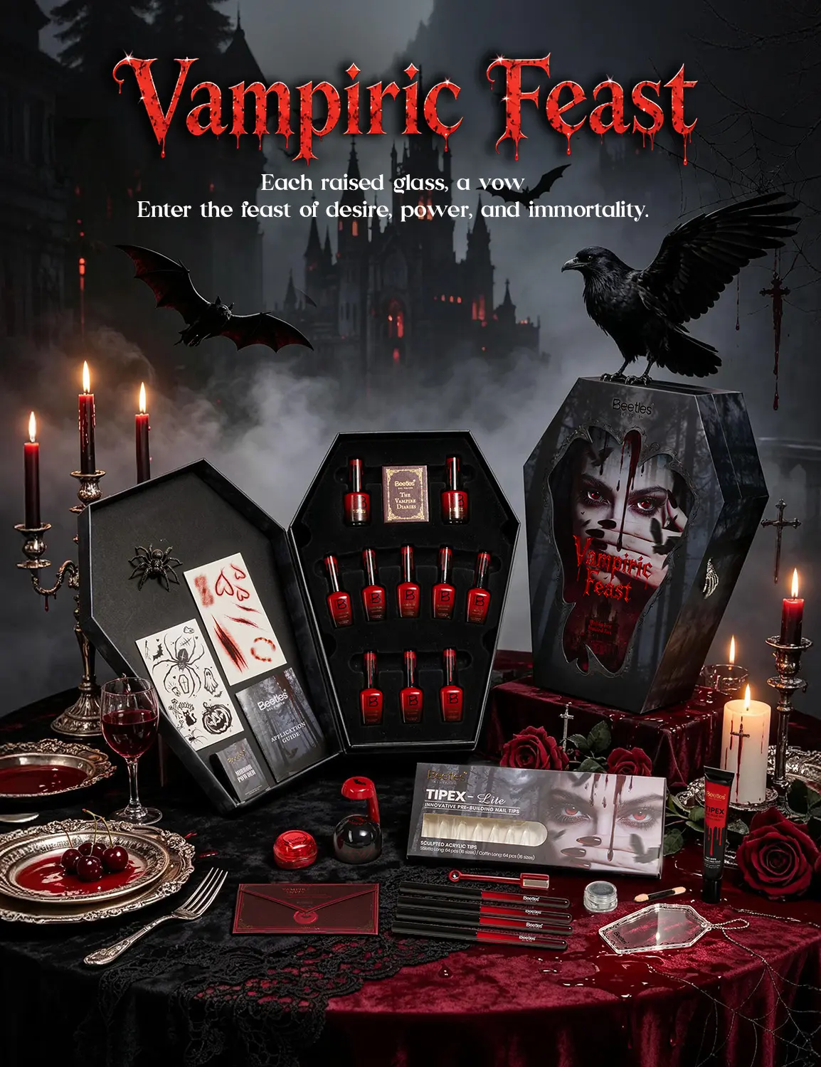 Beetles Vampiric Feast Limited Edition Halloween Gift Box, HEMA-Free Gel Nail Polish Set with Cat Eye & Glitter Gel, DIY Home Manicure Nail Art Kit, Halloween Gift Set for Women Girls