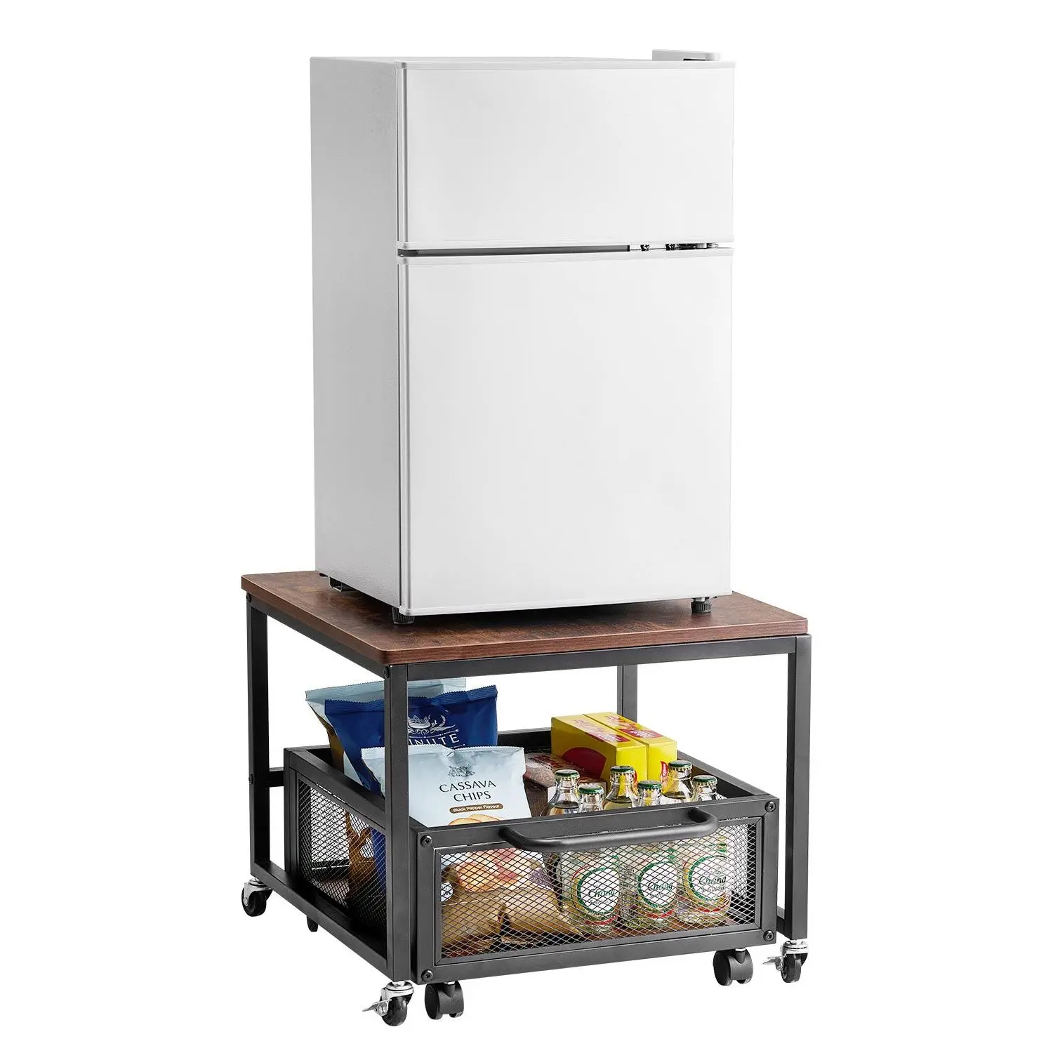 VEVOR Mini Fridge Stand with Storage, 198 lbs Mini Fridge Table with Movable Storage Cart Swivel Wheels, Beverage Refrigerator Stand for Coffee Bar, Mini Fridge Organizer for Home Dorm, Dark Brown