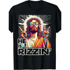 Retro He Is Rizzin Funny Jesus Has Rizzen Easter Christian T-Shirt Same Style for Men and Women 2026 Summer Short-sleeved Printed T-shirt 180G