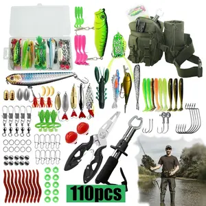 110-Piece Complete Fishing Gear Set, Surface Lures, Soft Baits, Lead Head Hooks, Fishing Pliers, Fish Clamps, Waist-Attached Tool Bag