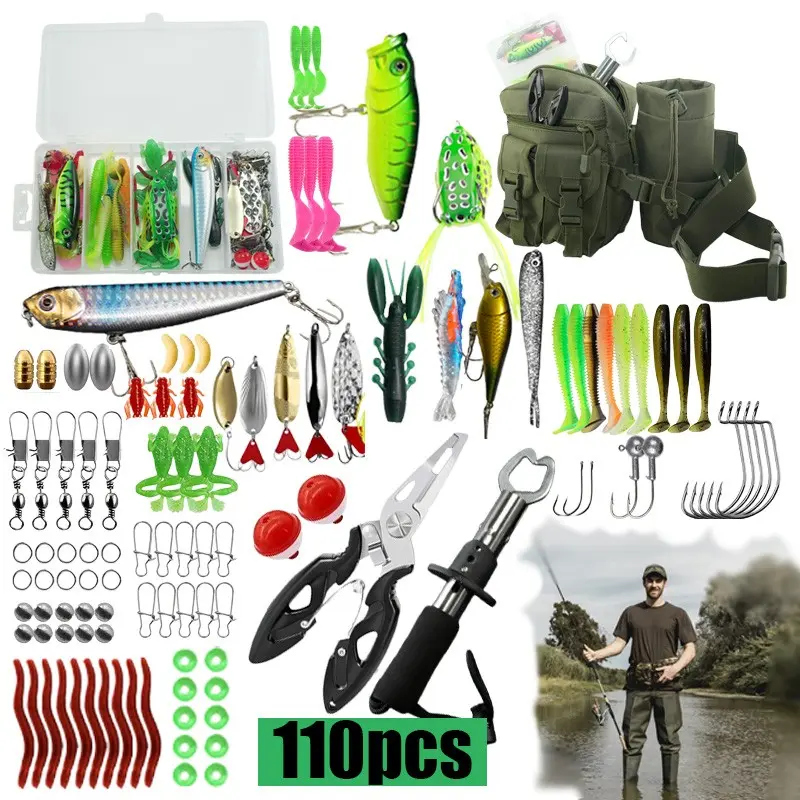 110-Piece Complete Fishing Gear Set, Surface Lures, Soft Baits, Lead Head Hooks, Fishing Pliers, Fish Clamps, Waist-Attached Tool Bag, Fishing Lure Kit