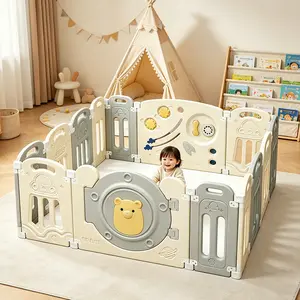 Baby Playpen 14-Panel with Lock Door,Adjustable Game Panel,Foldable Toddlers Play Yard, 14-Panel Safety Kids Fence for Indoor & Outdoor,Baby Gate Activity Centre, Gray White
