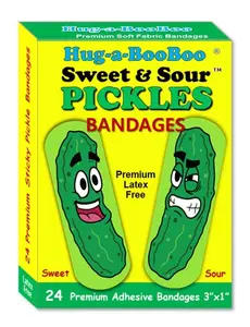 Sweet & Sour Pickles! Premium Adhesive Bandages from Hug-a-BooBoo - Colorful Bandages with Fun Happy & "Sour" Pickle Faces. Use as Pickle Stickers Too! 24 Ct Box