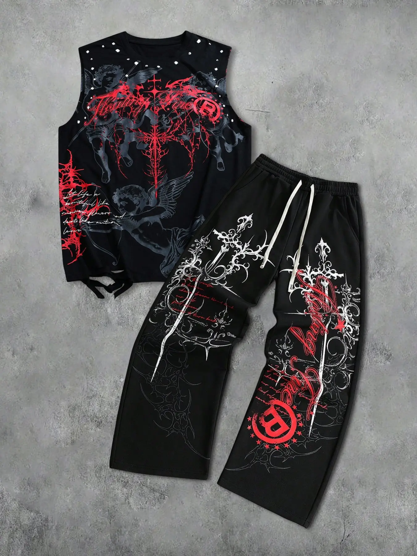 Men's two-piece set: a street-style American dark angel print distressed vest and a gothic drawstring cross print sweatpants. Perfect for summer wear and also a great gift for friends. Clothing Sets