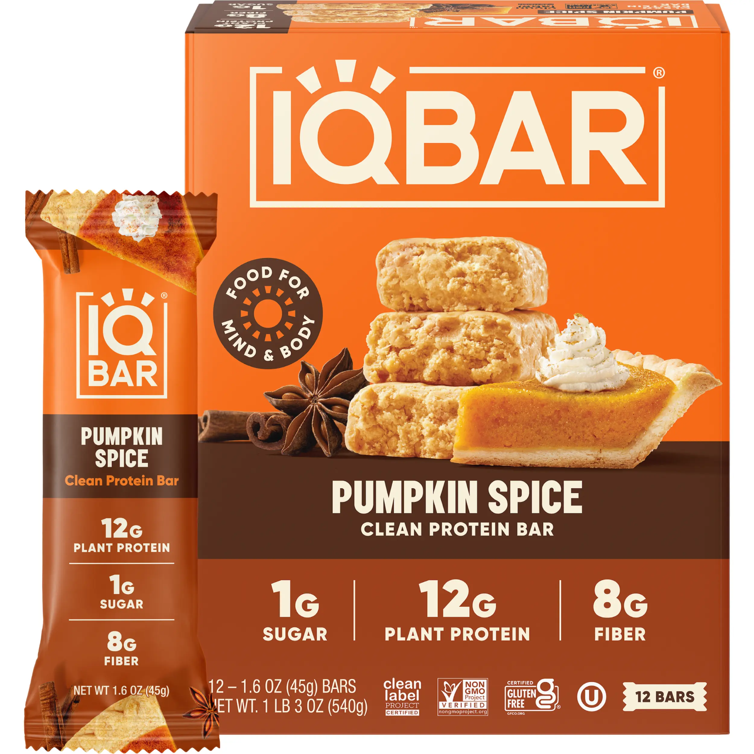 IQBAR Pumpkin Spice 12ct - Plant Protein Bars - Limited Edition Flavor - High Protein, High Fiber, Low Sugar, Clean Ingredients, Gluten Free, Vegan Snacks