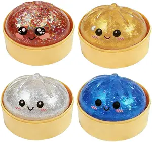 Viral Glitter Bao Bun Dumpling Squishy - Slow-Rise Fidget with Steamer Box, Stress Relief Cute Sensory Squeeze Item for Desk Stress Relief, ASMR Play, Mystery Color birthday party favor gift