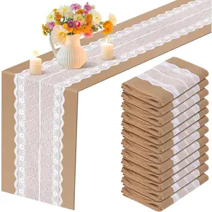 12 Pack Burlap Table with Lace 12 x 72 Inch Long Rustic Jute Natural Hessian Burlap Table Runner for Farmhouse Style Vintage Wedding Party Dinner Decoration(Elegant Style)