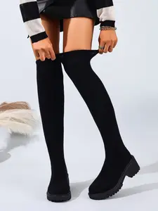 Women's Over-The-Knee Elastic Boots, Comfortable Rubber Thick Sole High-Top Motorcycle Boots, Fall Winter Fashion Casual Footwear