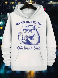 Men'S Vintage Rock Punk Hoodie with Funny Hang On Let Me Overthink This Graphic & Capybara Design - Oversized Casual Sweatshirt, Plus Size, White with Blue Lettering, Hooded Long Sleeve for Casual Attfall outfits,streetwear,game day outfit