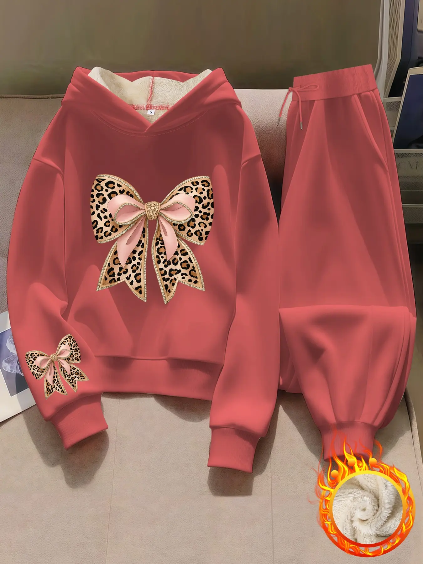 Women's Casual Hooded Knit Sweatshirt Set, Leopard Butterfly Print, Thick Fleece Lining, Long Sleeve Pants, Fall & Winter Fashion Outfit, Knitted Set
