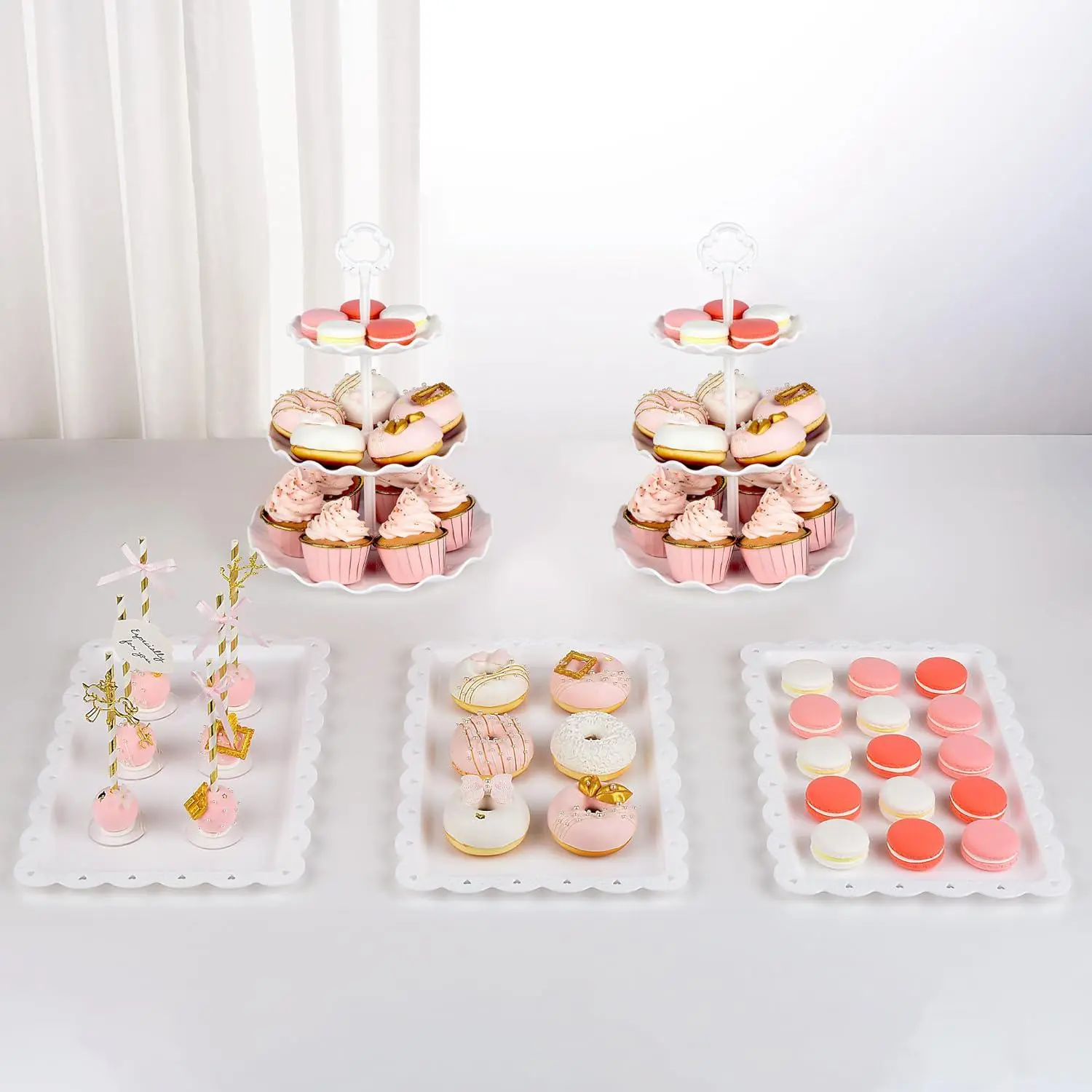5Pcs Cake Stand Set with 2 x 3-Tier Cupcake Stands, 3 x Appetizer Trays for Wedding Birthday Shower Tea Party Decorations (White)