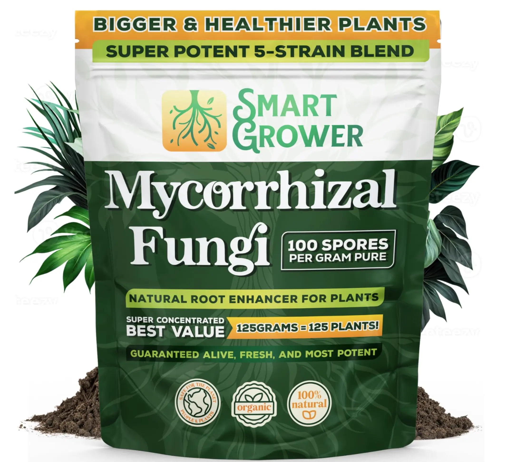 Smart Grower Mycorrhizal Fungi Natural Root Enhancer Super Potent 5 Strain Blend 125 Grams = 125 Plants Planting Soil Additive Soil Builder Soil Conditioner