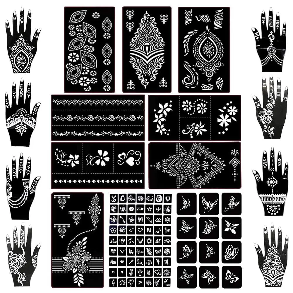 18 Sheets 97PCS Henna Stencil Kit, Halloween Temporary Tattoo Kit Glitter Airbrush Flower Stencils for Body Art, Face Painting, Mehndi Designs, Women & Girls, Arabian Realistic