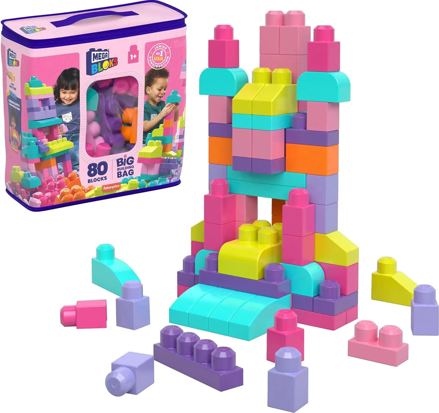 Ester gift-BLOKS First Builders Toddler Blocks Toys Set, Big Building Bag with 80 Pieces and Storage, Pink, Ages 1+ Years