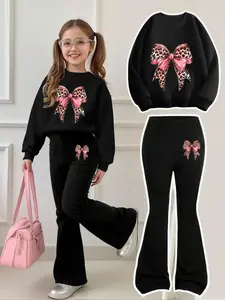 Girls' Sweet Cool Leopard Print Bow Sweatshirt & Bell Bottoms Set, Casual Fitted for All Seasons, Comfortable and Stylish, Girl Clothes School