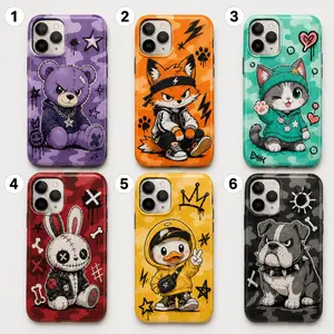 Bape Style Y2K Streetwear Camo 2 Layer Tough Phone Case for iPhone 17 16 15 14 13 12 11 Pro Max Plus, Cute Cartoon Mascot Graffiti Protective Case, Glossy Shockproof Cover tiktokshopspringglowup