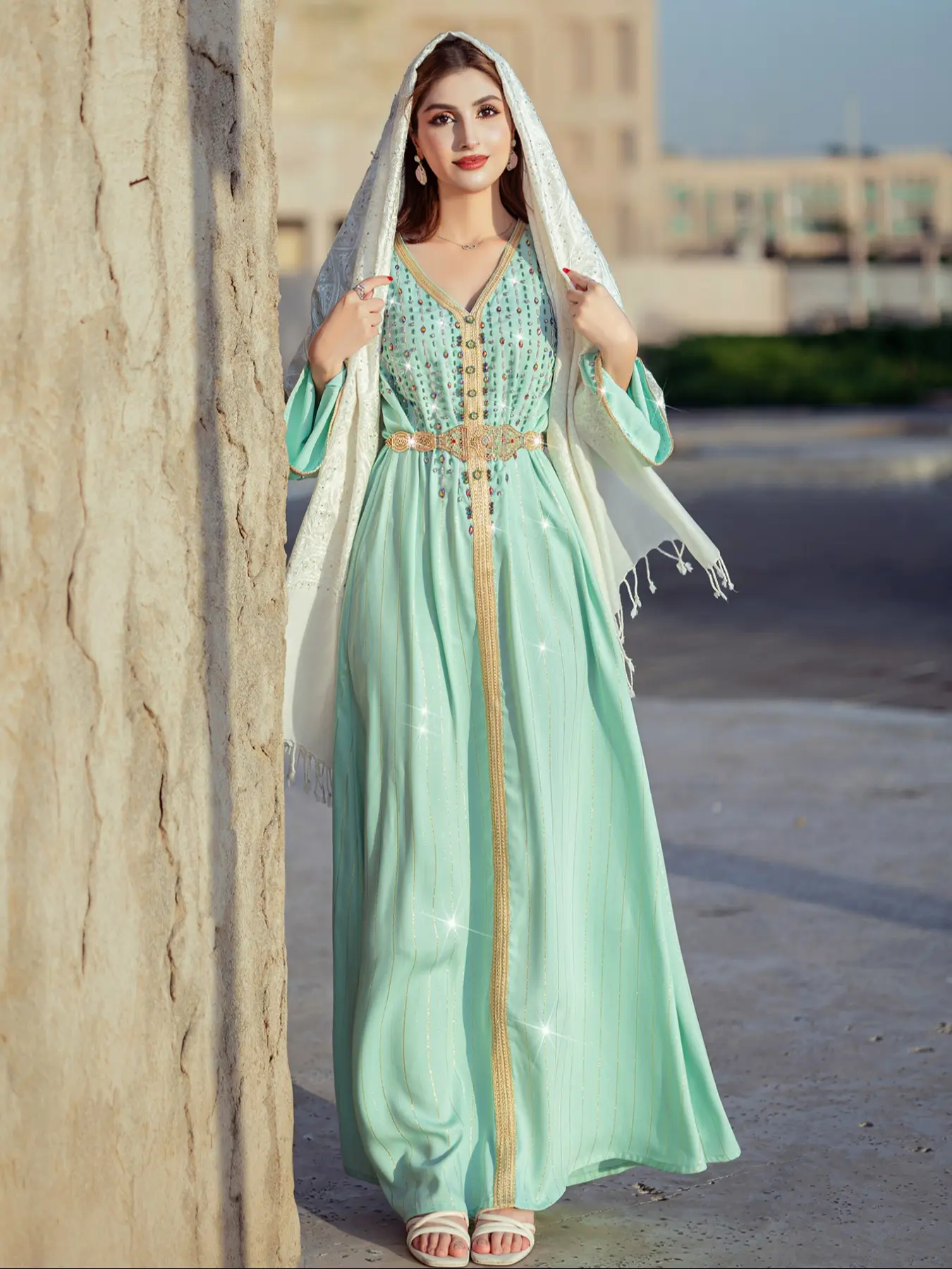 Mint Embroidered Belted Kaftan Robe, Gold Trim Dress with Beads and Chain Belt, Perfect for Ramadan Festival, Muslim Women Gowns - TikTok Shop Mint Embroidered Belted Kaftan Robe, Gold Trim Dress with Beads and Chain Belt, Perfect for Ramadan Festival, Muslim Women Gowns - TikTok Shop