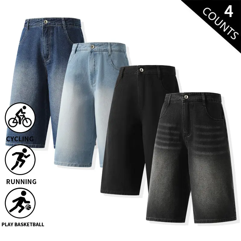 4-Pack Men’s Loose Fit Denim Jorts – Casual Washed Stretch Jeans Shorts, Comfortable & Breathable 7-Inch Cropped Pants for Running, Basketball, Cycling, Streetwear, and Everyday Wear