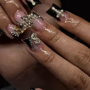 24pcs French Press-On Nails, Nude Base, Full Rhinestones, Dollar Cross Butterfly Design, Reusable, Multiple Sizes, Includes Glue & File