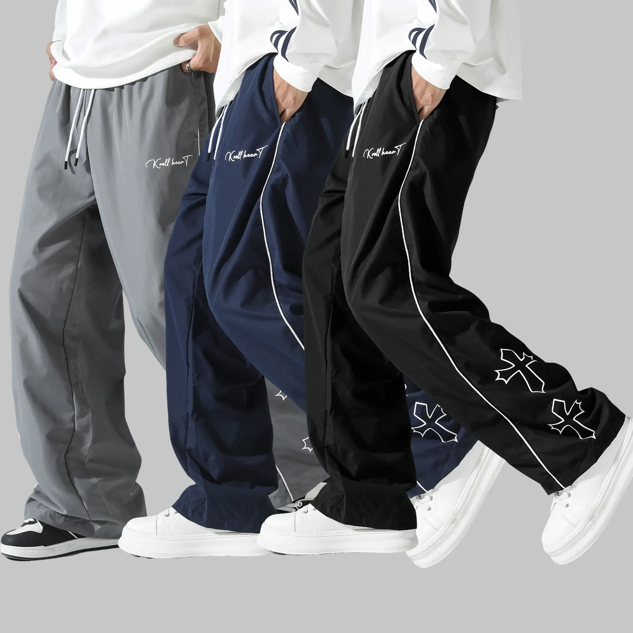 Men's Baggy Crisscross Print Pants - Urban Streetwear Wide-Leg Joggers, Lightweight Track Pants with Drawstring for Cool All-Day Wear